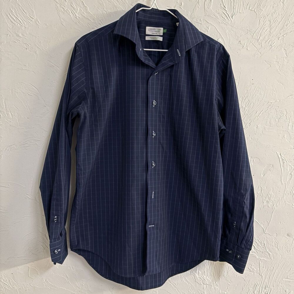 Lorenzo Uomo Men's 15 1/2 Trim Fit Blue Check Long Sleeve Spread Collar Shirt